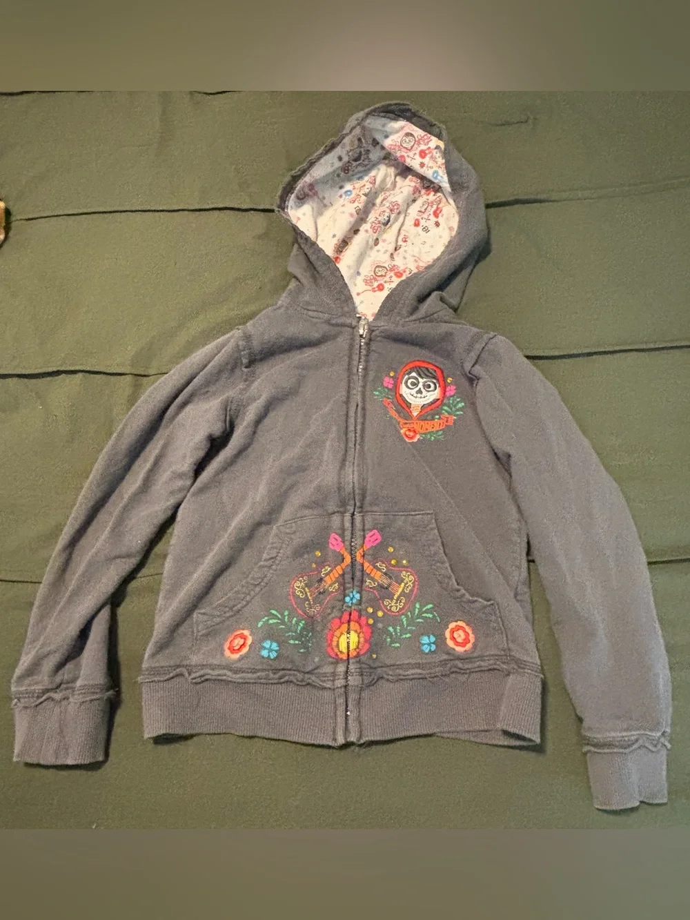 Disney Coco Gray Girls' Hooded Zip Sweatshirt with Colorful Embroidery